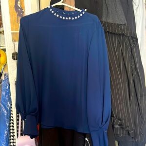 Worthington Blue Embellished Blouse with Peter Pan Collar